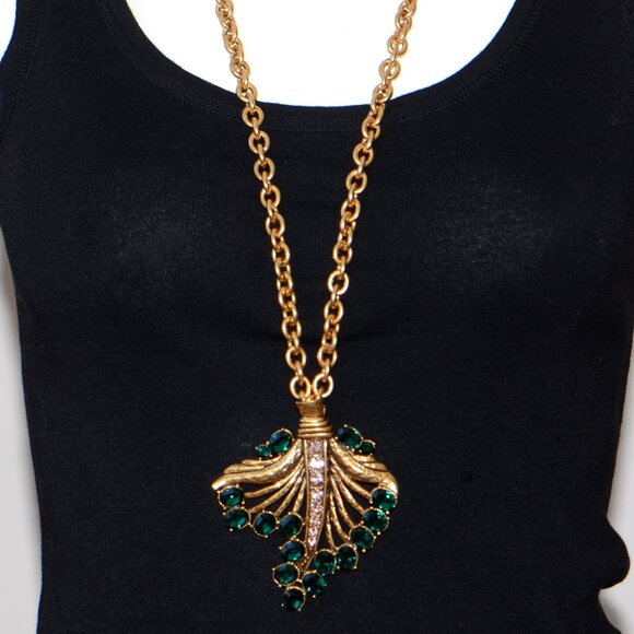 Vintage Oscar de la Renta Crystal Leaf Pin Brooch 31" Long Necklace